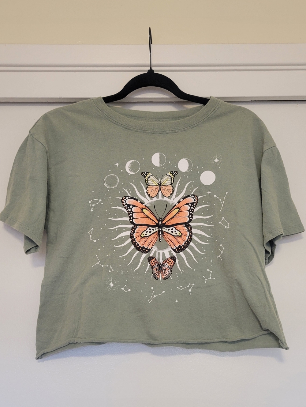 Celestial Butterfly Graphic Crop Tee Sage Green Boho Aesthetic